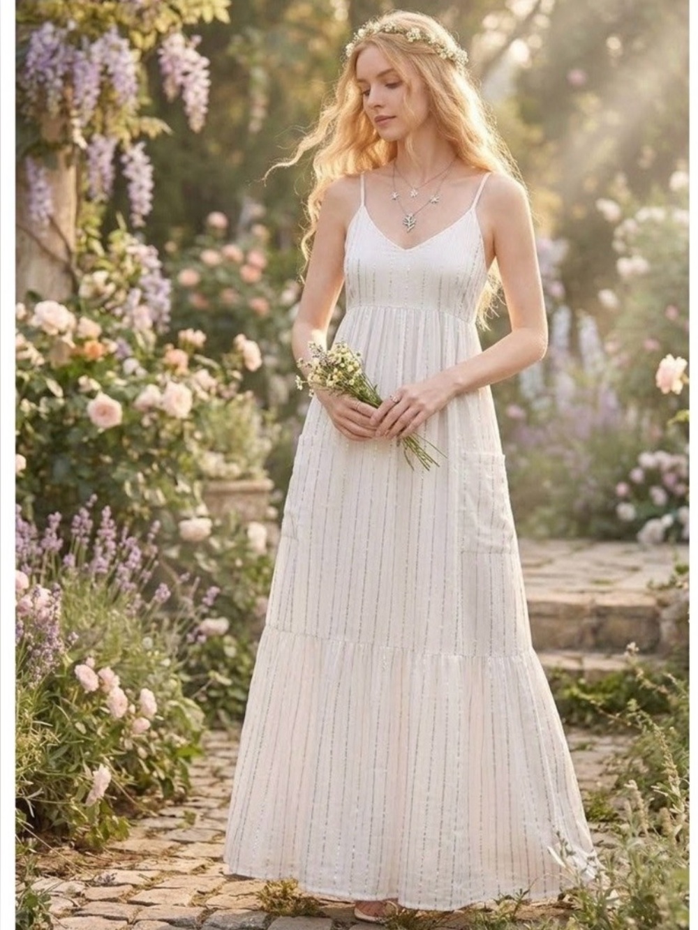 Aerie Metallic and White Cotton
Slip Tiered Maxi Dress Size
Medium
